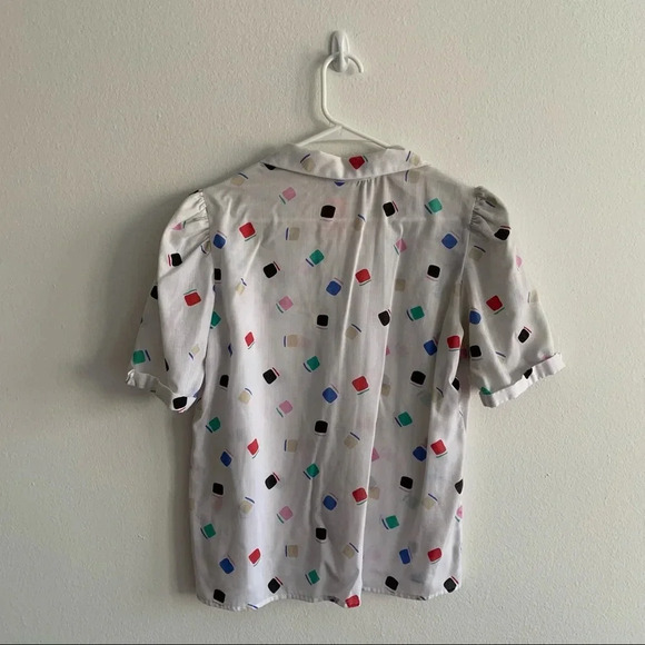 Vintage Notations Funky Print Puff Sleeve Button Down Short Sleeve Top Blouse - Picture 3 of 4